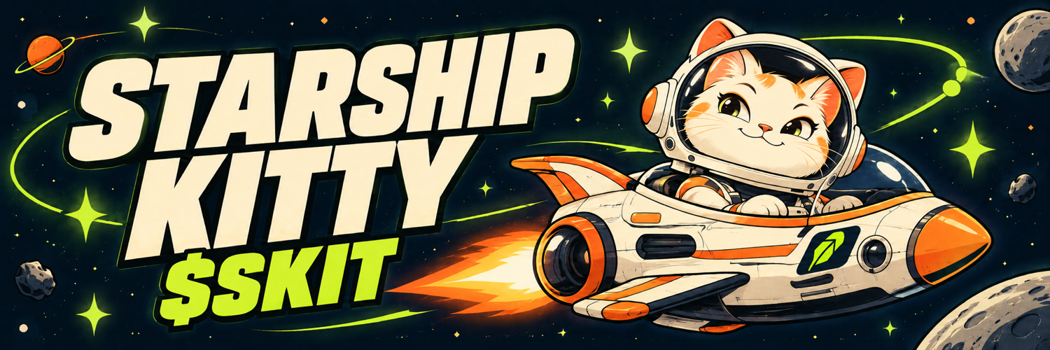 Starship Kitty and $SKIT — a cat piloting a spacecraft with a green feather emblem